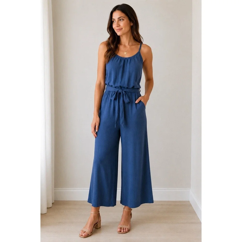 LOFT Blue Wide Leg Jumpsuit Women's LARGE Elastic Waist Pockets Strappy Back - Picture 1 of 11